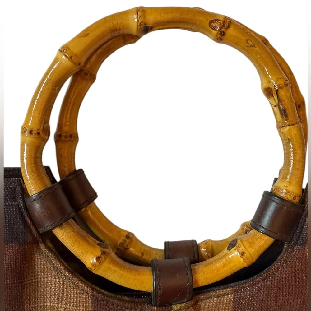 Cynthia Hart Los Angeles Floral Plaid Tote Bag Purse Bamboo Handles Gold Brown - Picture 2 of 14